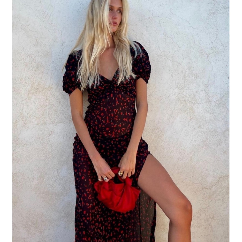 Rat & Boa Magnolia Maxi Dress Black Red Floral Puff Sleeve V-Neck Size S - Picture 10 of 11